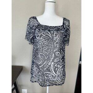LOFT Sheer Navy White Paisley Short Sleeve Blouse XS